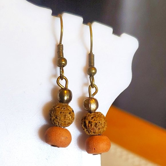 Bronze Hook Clay and Lava Bead Dangle Earrings NWT